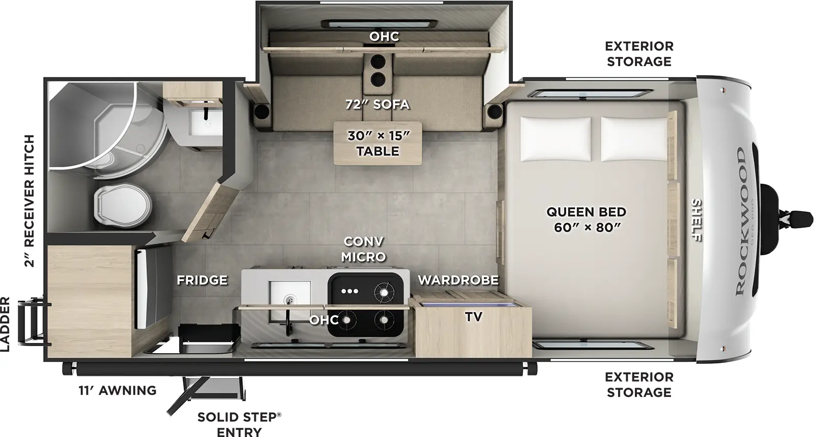 The Rockwood Geo Pro G19FBS floorplan has one entry and one slide out. Exterior features include: fiberglass exterior and 11' awning. Interiors features include: front bedroom.